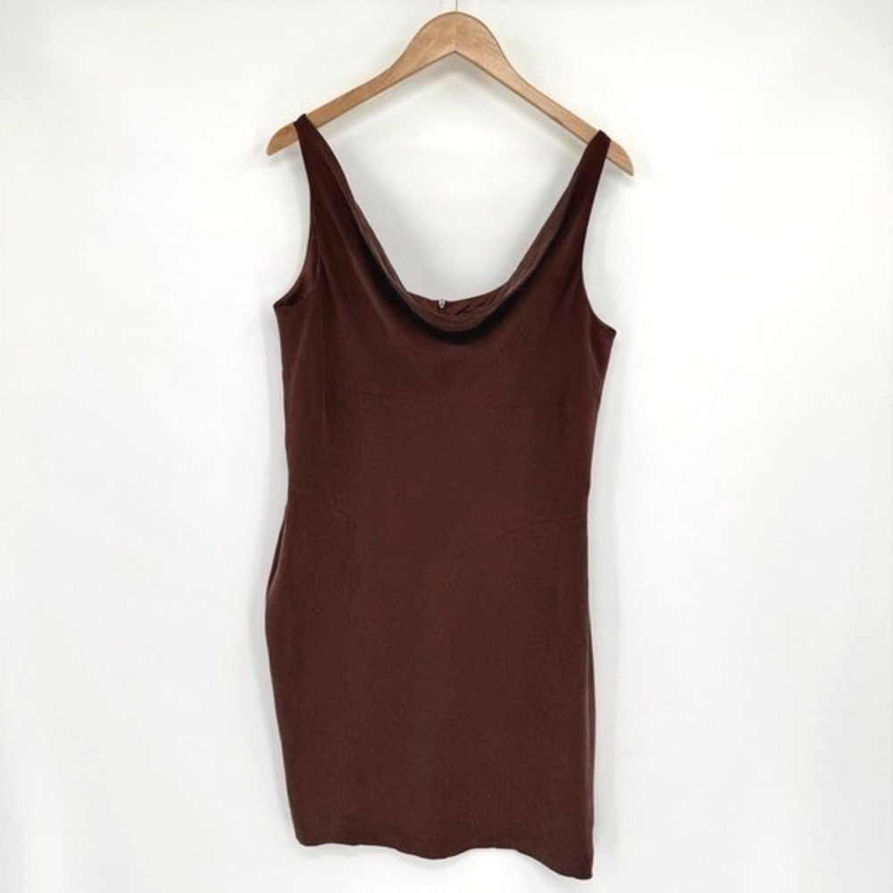 YL by Yair Chocolate Brown Sleeveless Cowl Neck Midi Silk Dress Women's Sz 14